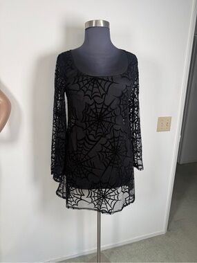 Black spiderweb velvet flocked bell sleeve mini dress goth